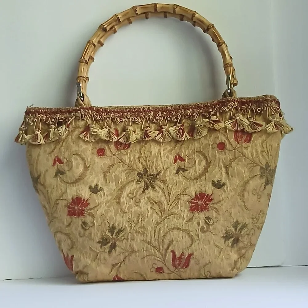 Golden Yellow Floral Brocade Fabric Bamboo Handled Satchel Bag ~ Lovely!